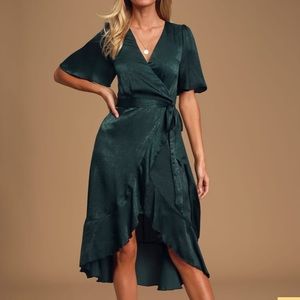 Satin Faux-Wrap Midi Dress